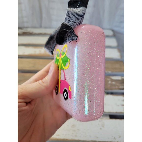 Pink car sparkle square ornament Xmas holiday tree - Picture 2 of 8